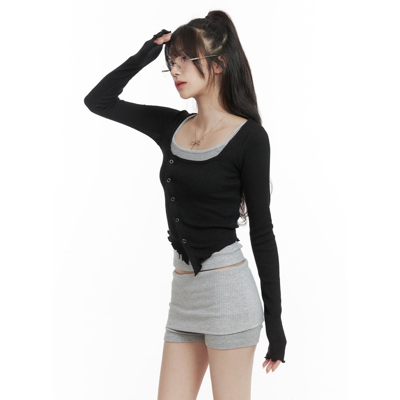 Asymmetrical Neck Solid Button Long Sleeve Top CA402 Black S/M