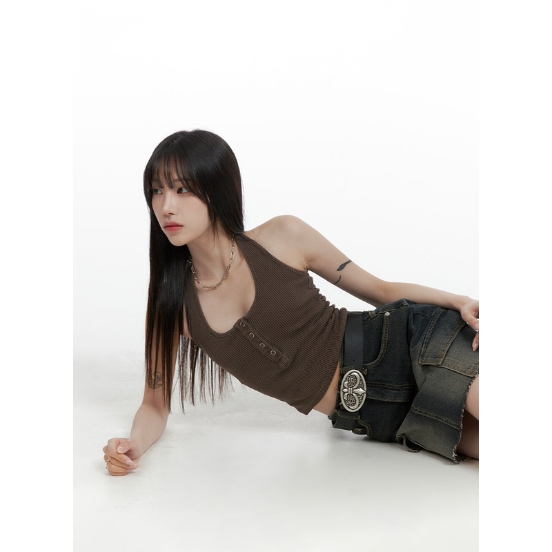 Buttoned Halter Tank Top CA402 Dark brown S/M