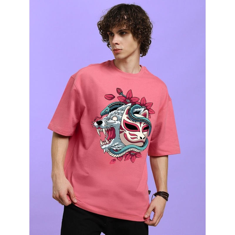 KITSUNE WOLF PRINTED OVERSIZED T-SHIRT PINK XS
