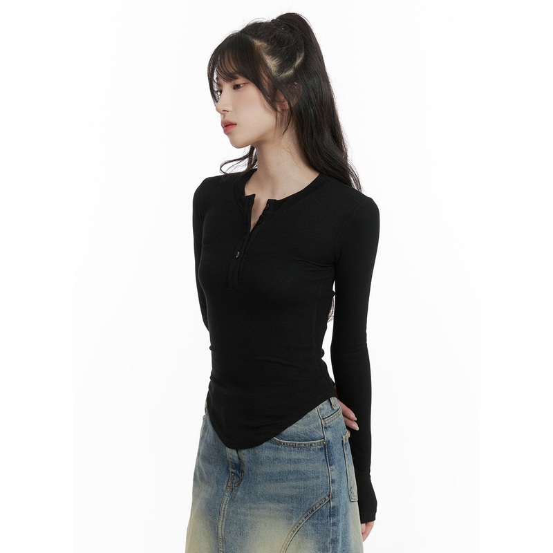Slim Fit Buttoned Long Sleeve Top CA403 Black S/M