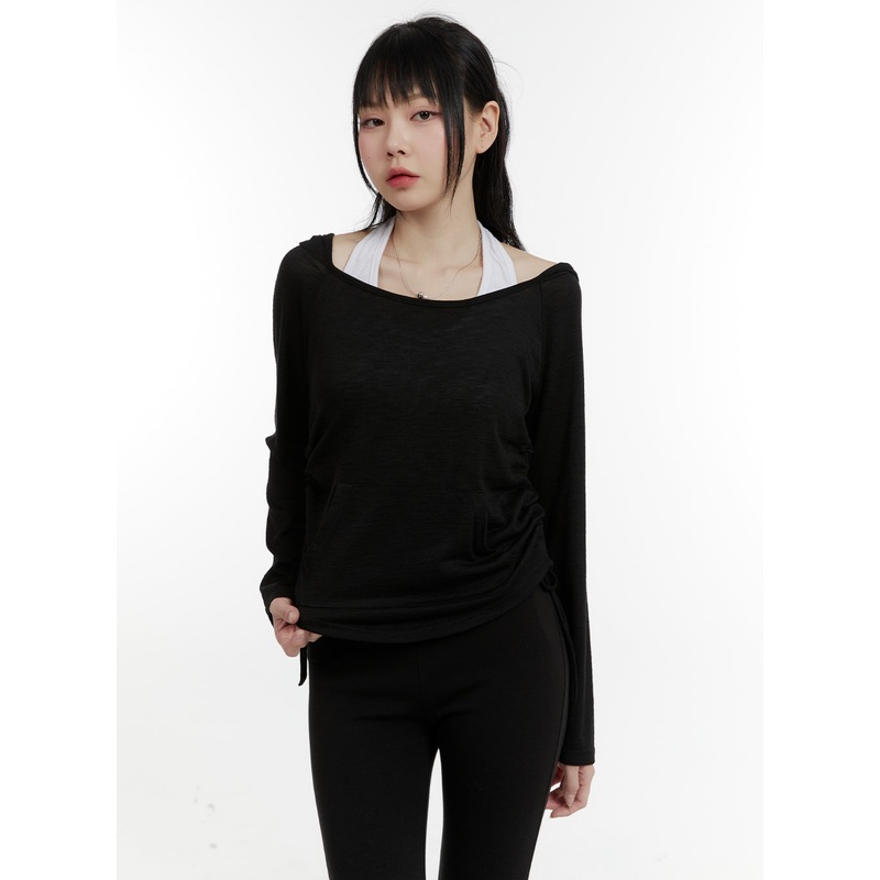 Boat Neck Slim Fit Hoodie CA401 Black S/M