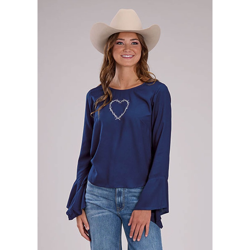 Womens 1 Solid Navy Blue Rayon Blouse Long Sleeve Button Western Shirt XS