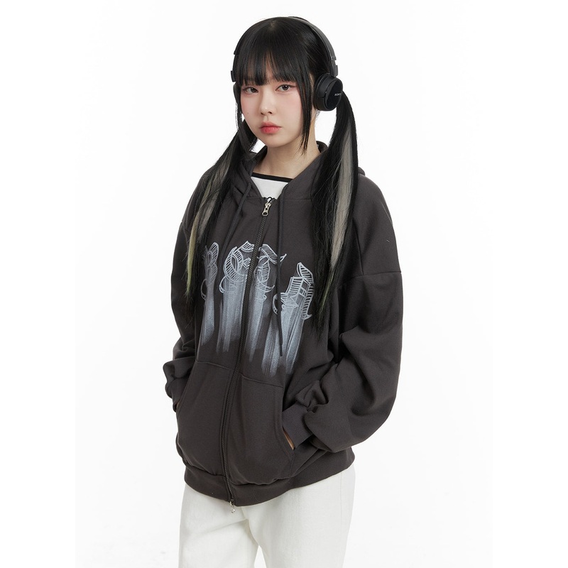 Graphic Lettering Oversized Hoodie Jacket OM426 Dark gray S/M