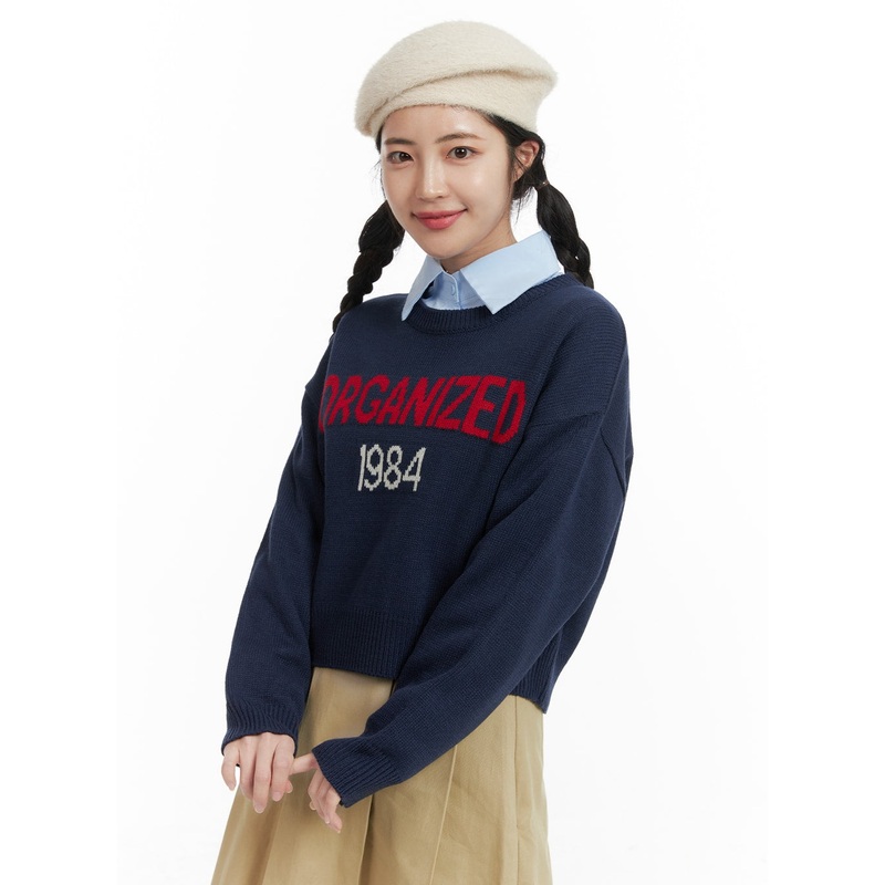 Graphic Lettering Round Neck Knit Sweater OM425 Dark blue S/M