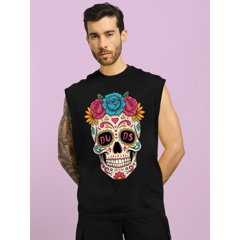HAPPY SKULL PRINTED GYM T-SHIRT BLACK XS