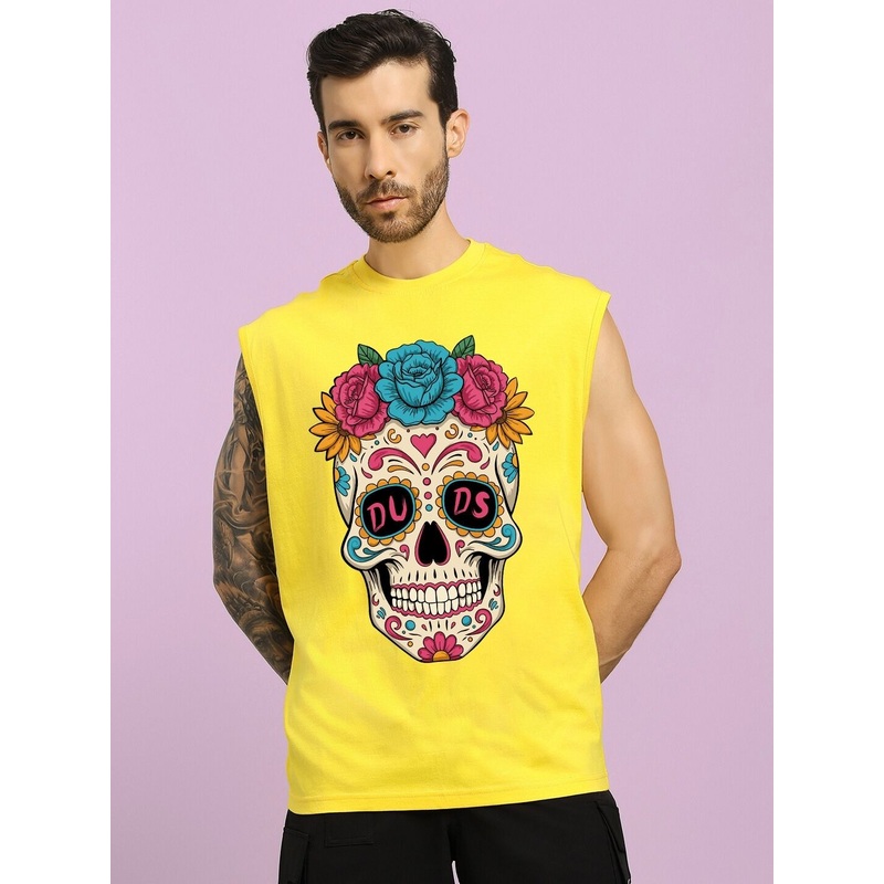 HAPPY SKULL PRINTED GYM T-SHIRT YELLOW XS