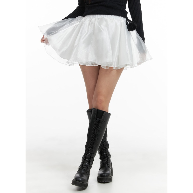 Mesh Layered Flare Banded Mini Skirt CM425 White S/M