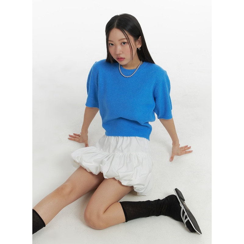 Shirred Bubble Mini Skirt OM428 White S/M