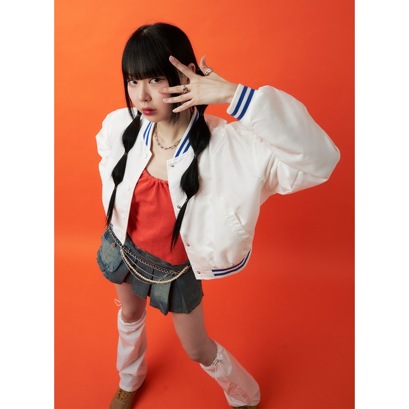 Solid Button Bomber Jacket OM426 White S/M