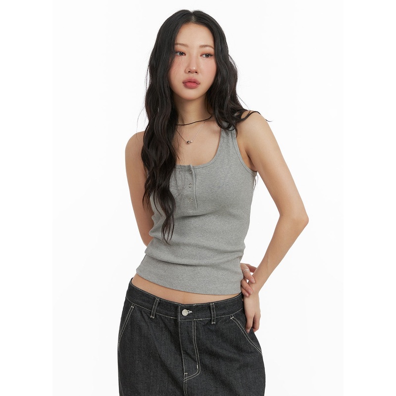 Solid Rib Button-Up Tank Crop Top CM425 Gray S/M