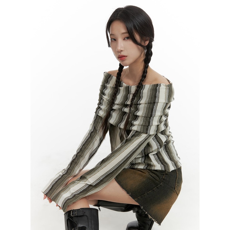 Striped Off Shoulder Long Sleeve CM427 Dark green S/M