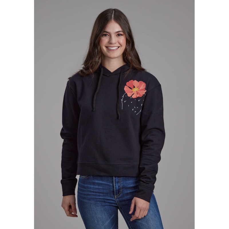 Womens Black Cotton Fleece Hoodie Pullover Jacket XS