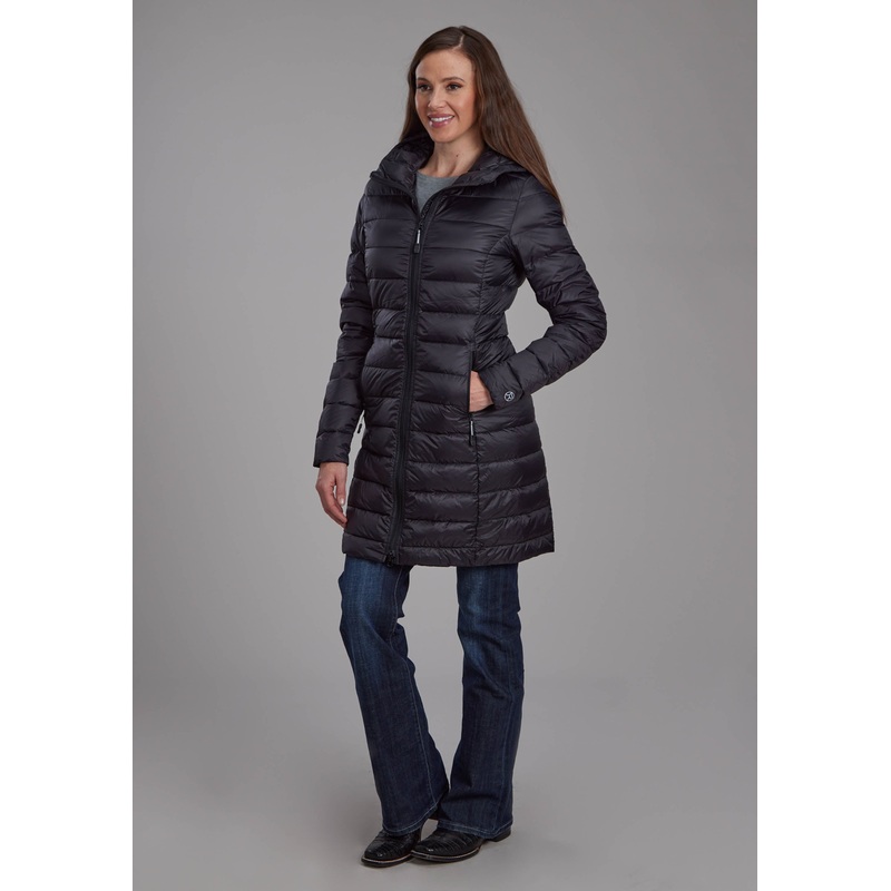 Womens Black Nylon Down Proof Long Coat Zipper Jacket XS