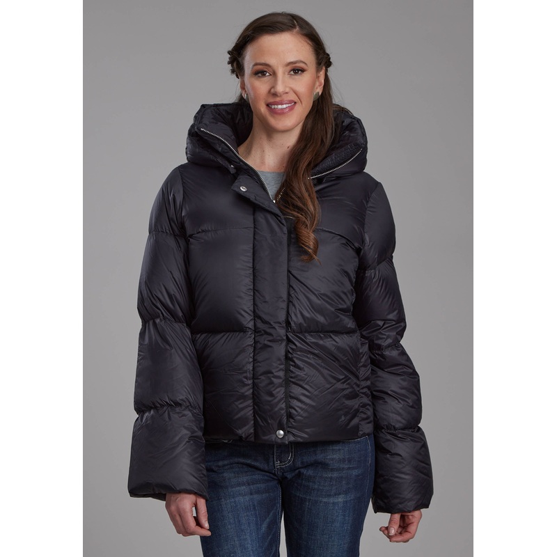 Womens Black Nylon Down Puffer Coat Zipper Jacket XS