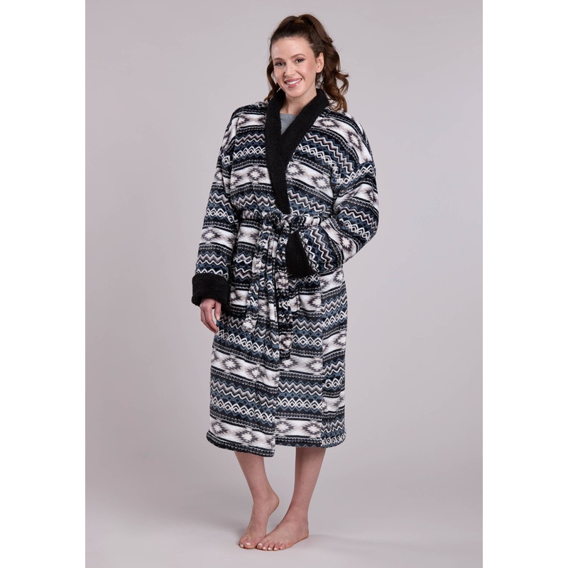 Womens Black White Printed Fleece Robe One Piece Pullover One Piece PPK