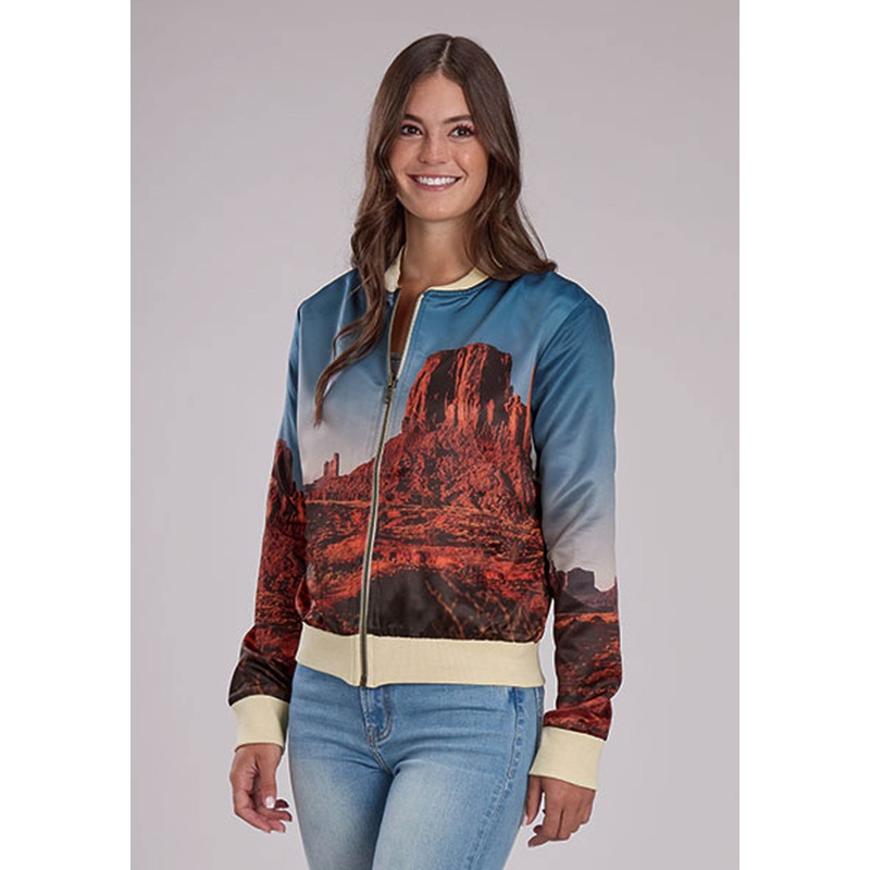 Womens Desert View Print Satin Jacket Zipper Blazer XS
