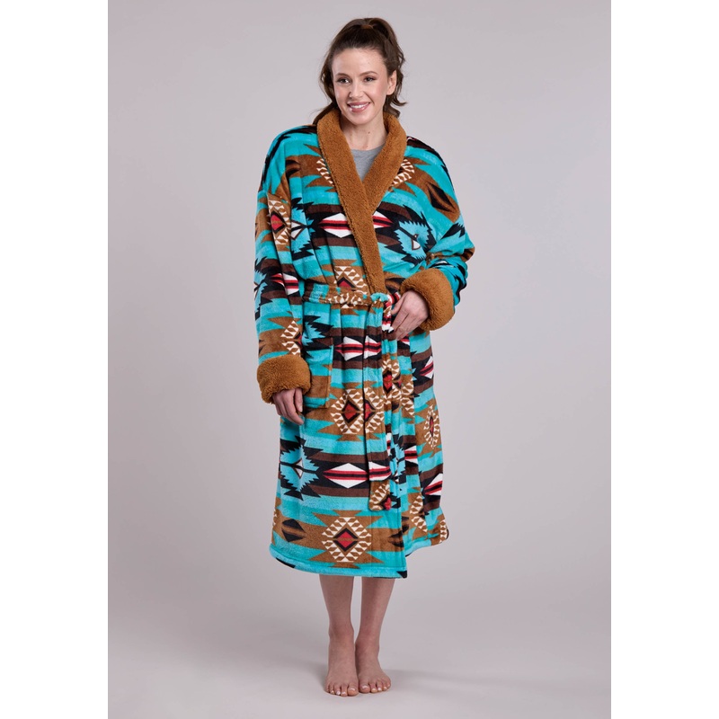 Womens Turq Aztec Printed Fleece Robe One Piece Pullover One Piece PPK