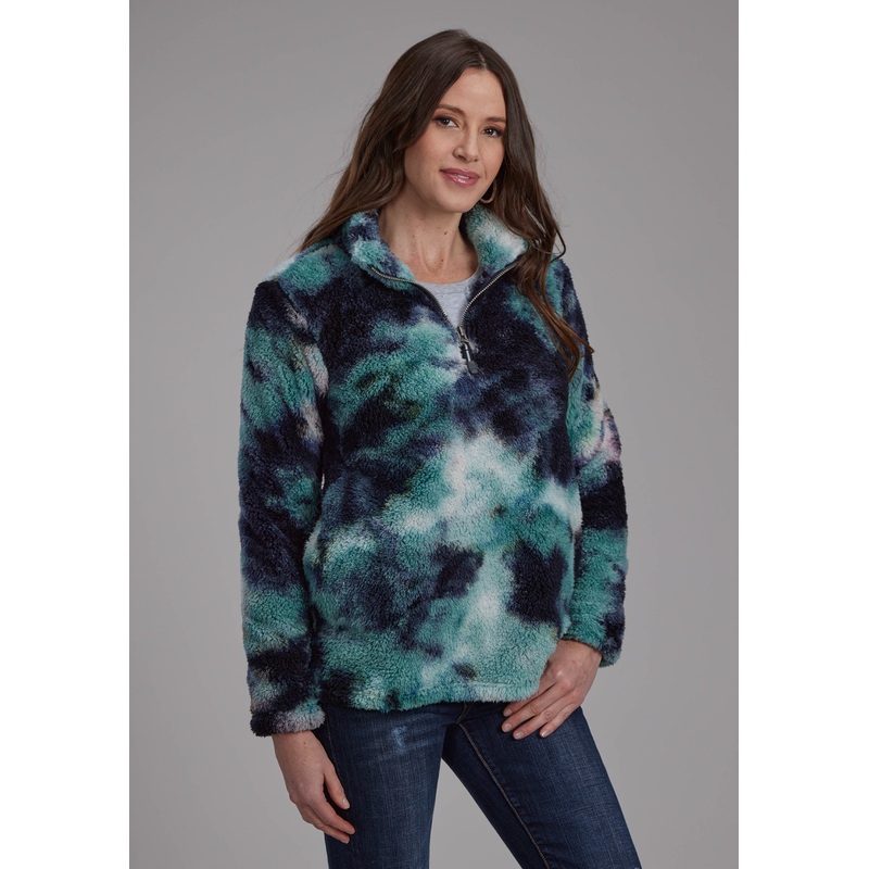 Womens Blue Tie Dye Polar Fleece Zipper Jacket XS