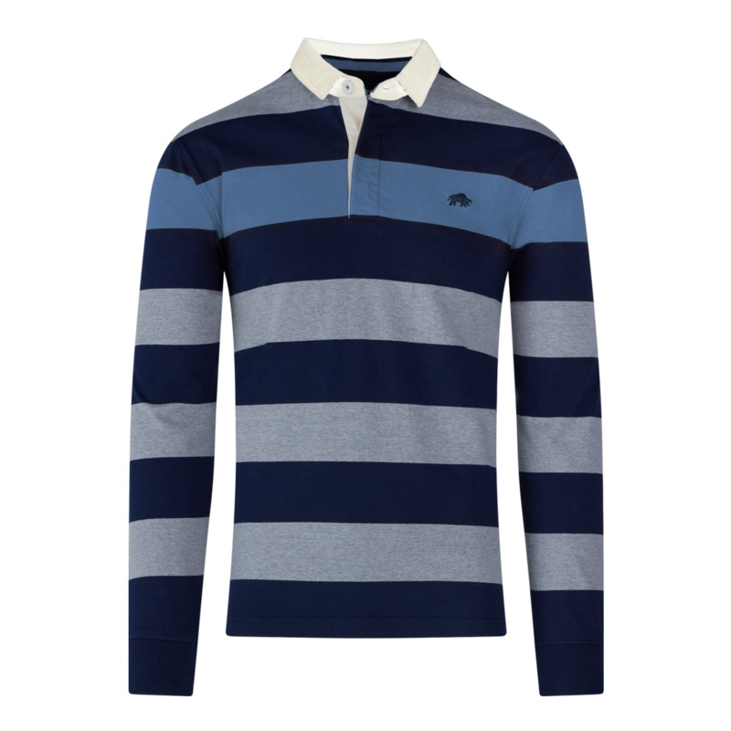 Raging Bull Long Sleeve Irregular Stripe Rugby Shirt Denim 3 X-Large