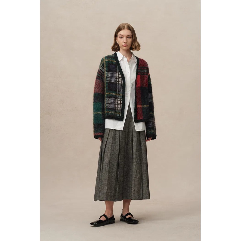 Scottic Plaid Jacquard Cardigan in Baby Alpaca-Merino Blend XS