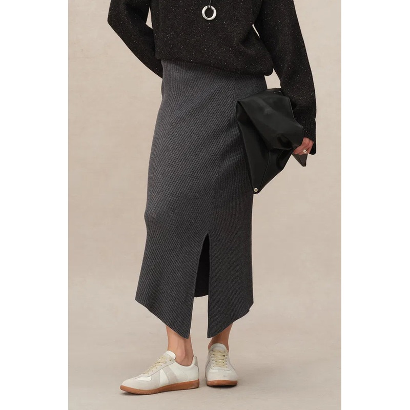 Aria Side-Slit Skirt in Merino Wool Rib Knit XS
