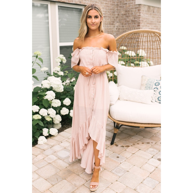 Blush Off the Shoulder Button Down High Low Maxi S