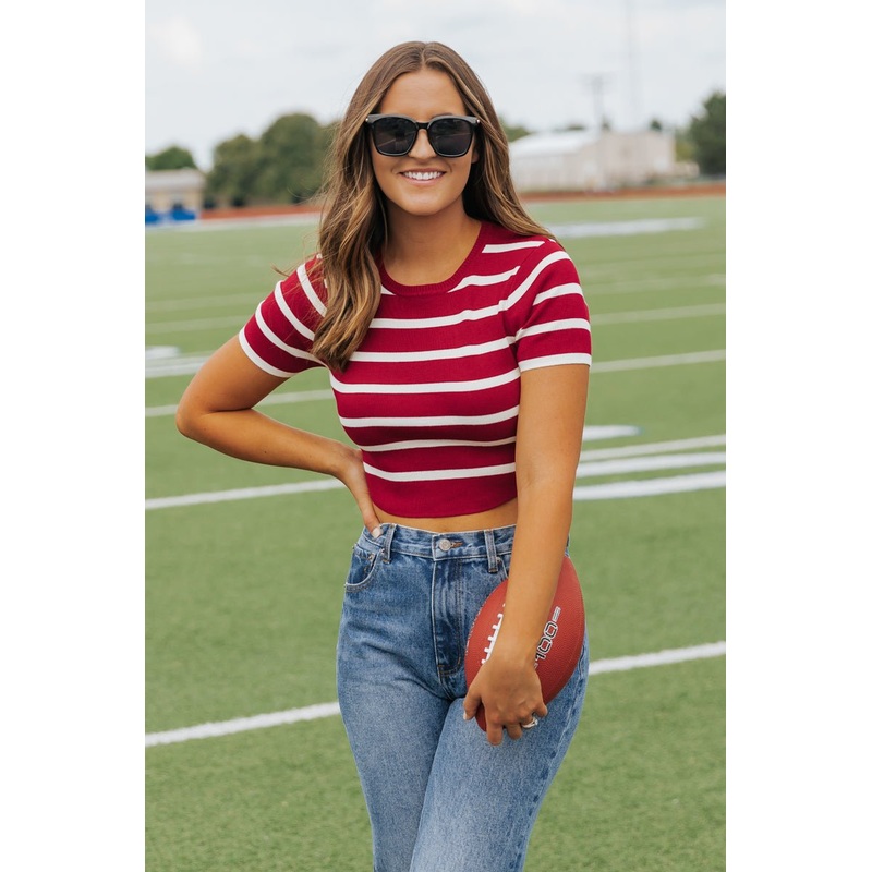 Burgundy and White Striped Cropped Sweater – DOORBUSTER Extra Small