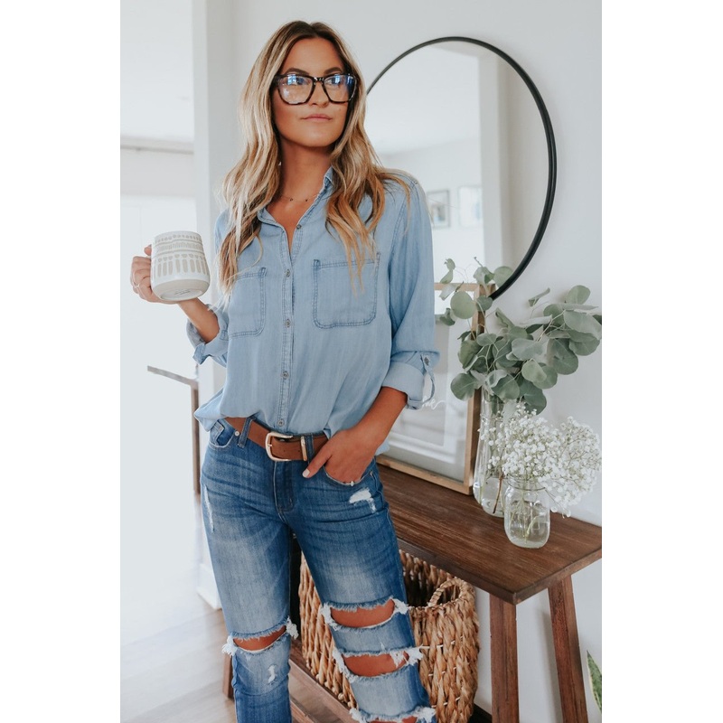 Button Down Light Wash Chambray Top XS
