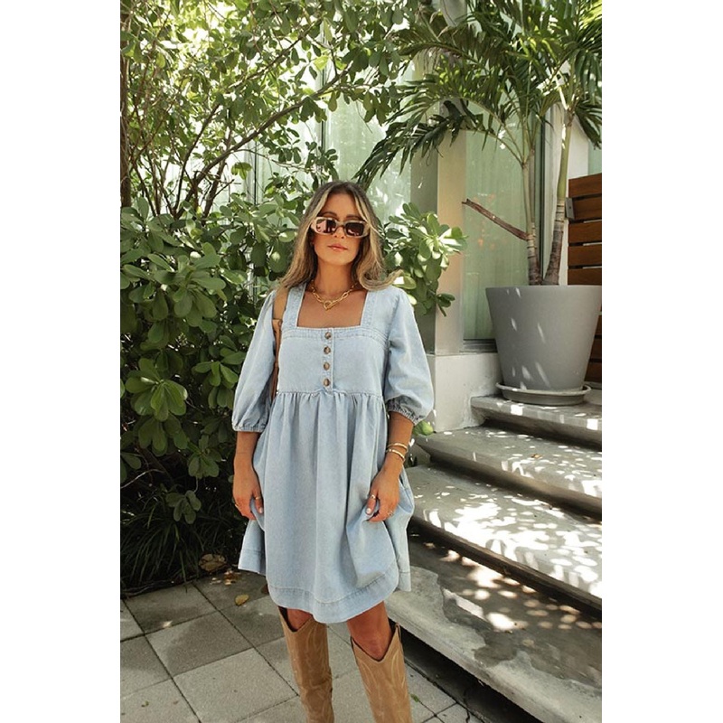 Denim Button Detail Babydoll Mini Dress Small