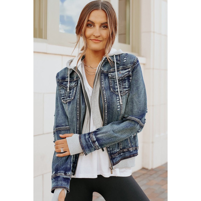 Denim Jacket with Hoodie: Medium Wash XS