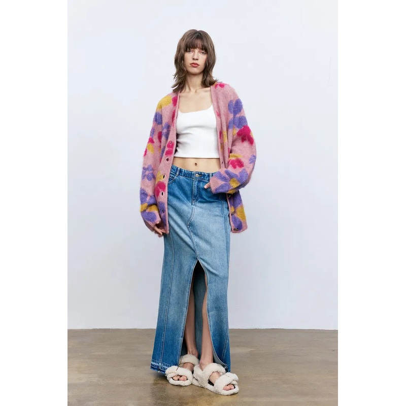 Louloudia Floral Jacquard Knit Cardigan in Merino Mohair Blend XS