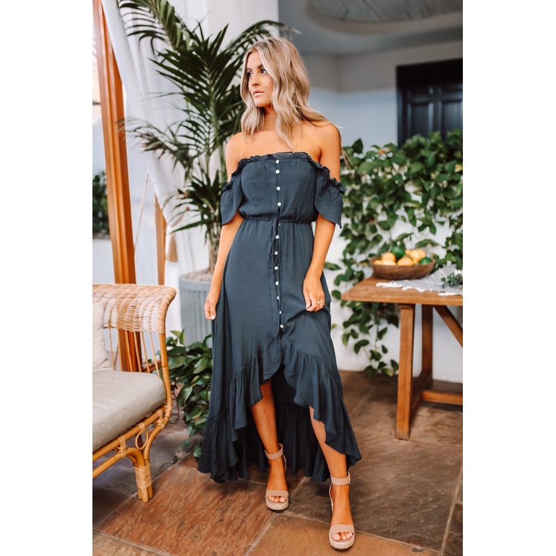 Navy High Low Dress: Off The Shoulder Button Down Maxi S