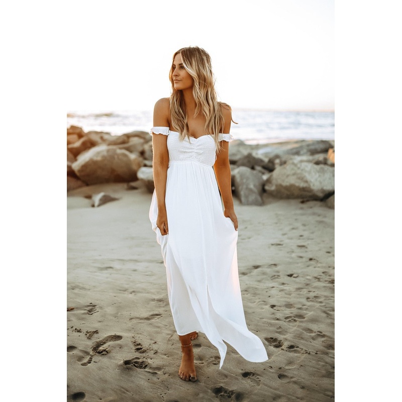 Odella Off Shoulder Dress: Smocked Maxi in Off White Small