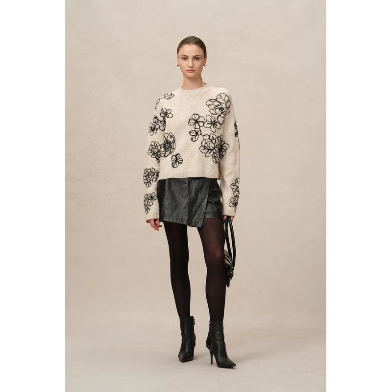 Poppy Embroidered Sweater in Chunky Wool Knit XS