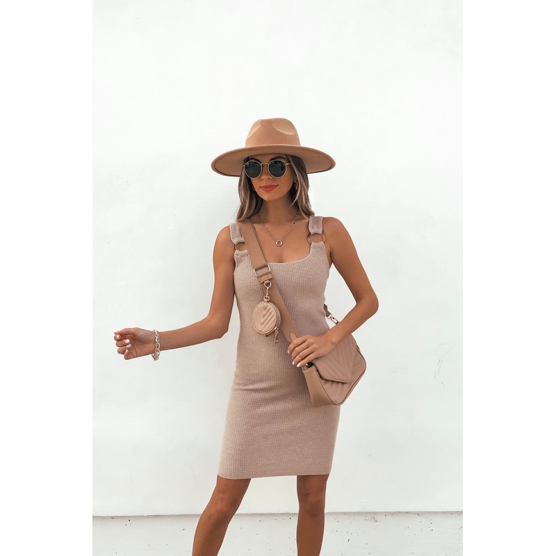 Waffle Knit Ring Strap Mini Dress – Beige – FINAL SALE Small