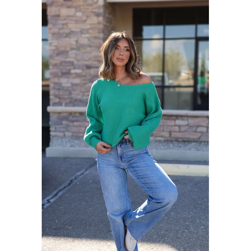 Avery Ribbed Boat Neck Sweater – Green Small