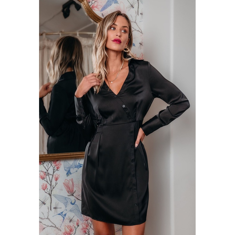 Black V Neck Satin Mini Dress – FINAL SALE Small