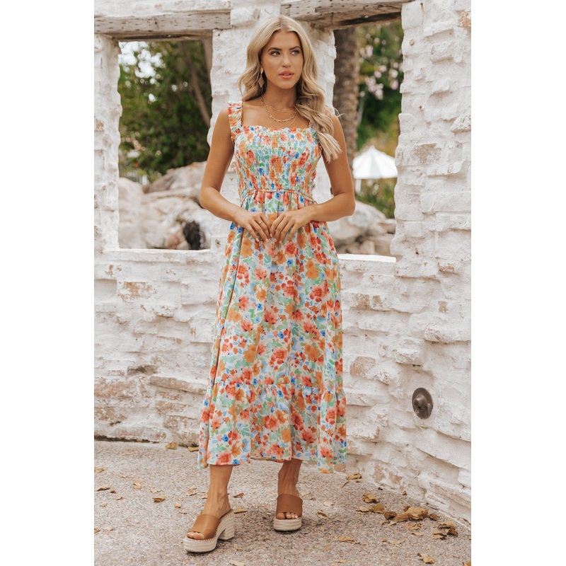 Caribbean Green Floral Smocked Maxi Dress-FINAL SALE XS