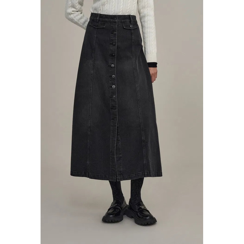 Corrine Midi Skirt in Washed Cotton Denim XS