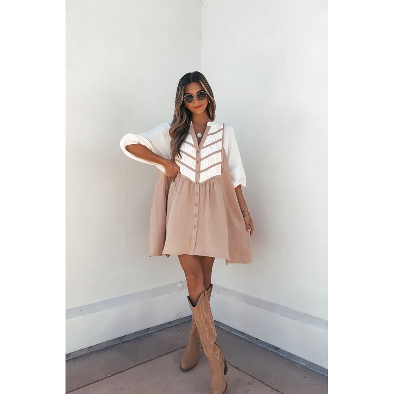 Cream Color Block Tunic Dress Small