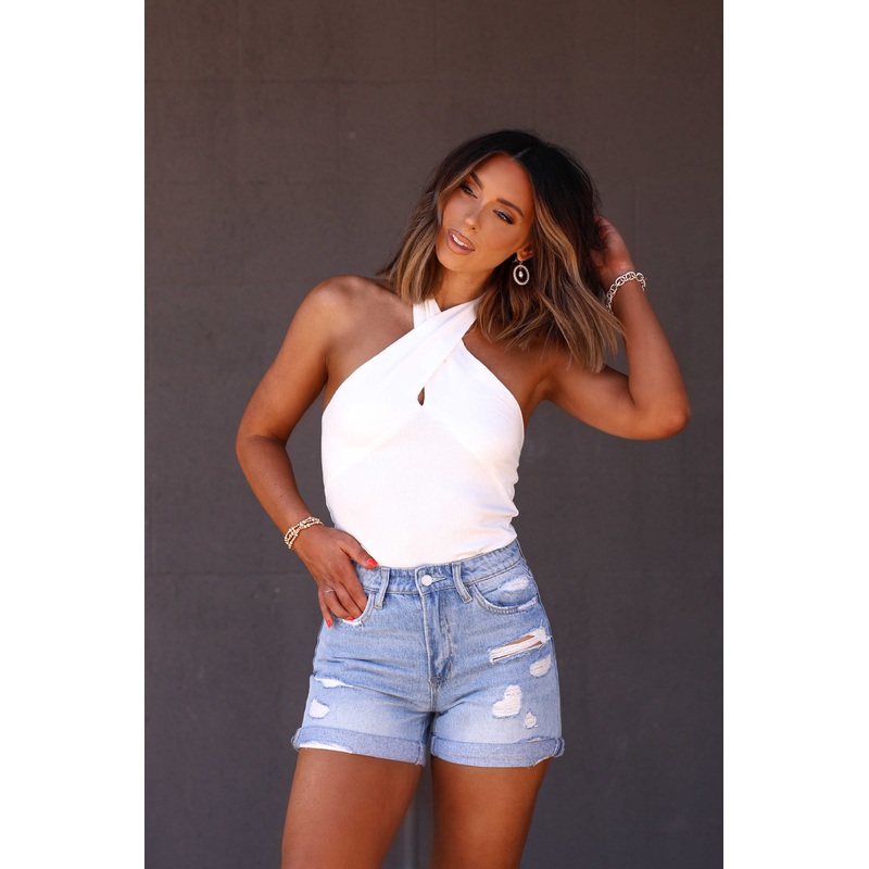 Cross Front Halter Ribbed Bodysuit – FINAL SALE Black Small