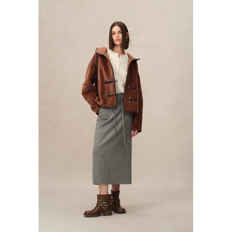 Olga Shearling Hooded Short Jacket in Eco Leather with Wool XS