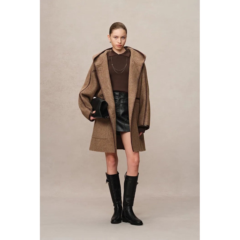 Paletot Inspired Overlock Stitch Hooded Coat in Alpaca Wool Twill XS