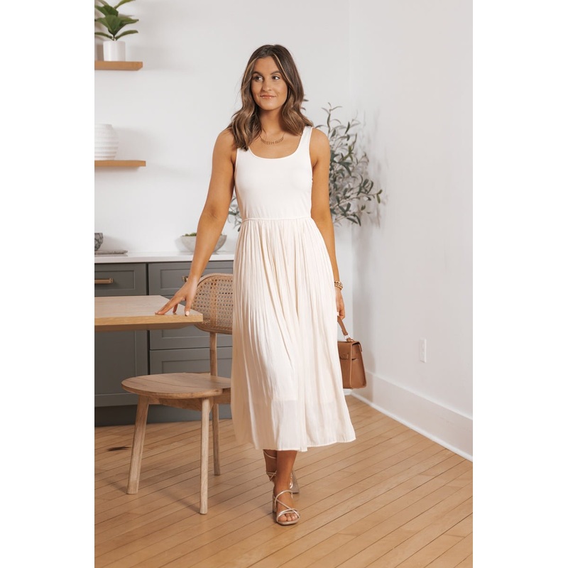 Scoop Neck Pleated Skirt Midi Tank Dress Small