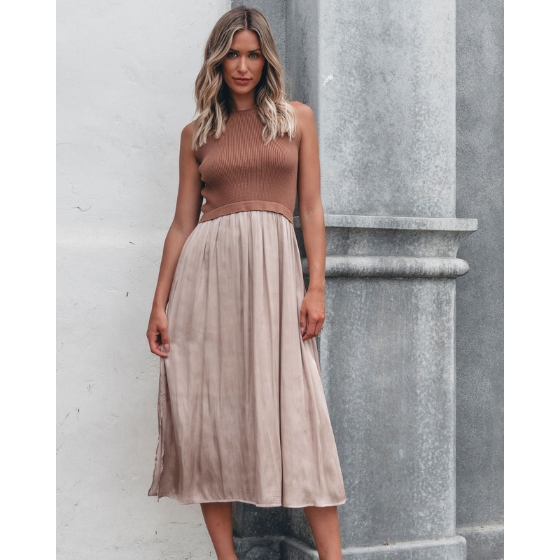 Sleeveless Half Sweater and Satin Skirt Midi Dress – Mocha Small