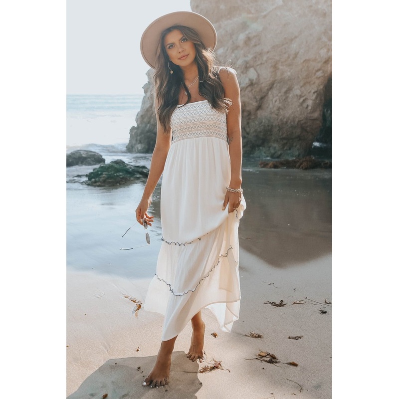 Tie Strap Smocked Ivory Tiered Contrast Maxi – DOORBUSTER S
