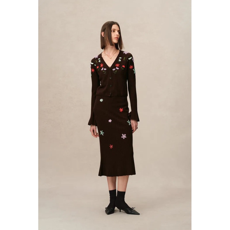 Christabel Floral Fitted Cardigan in Merino Wool Knit XS