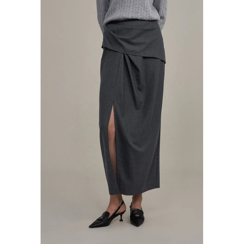 Leona Pleated High Slit Midi Skirt in Fine Worsted Wool XS