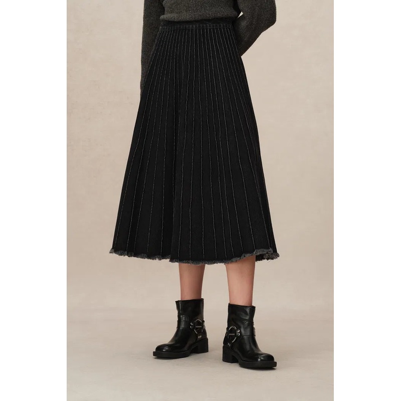 Silas A-Line Midi Skirt in Washed Cotton Denim XS