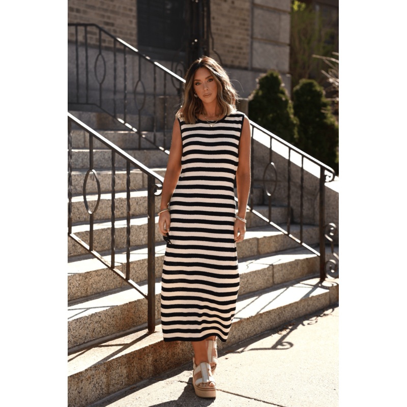 Sleeveless Black and Beige Striped Midi Dress – FINAL SALE Small